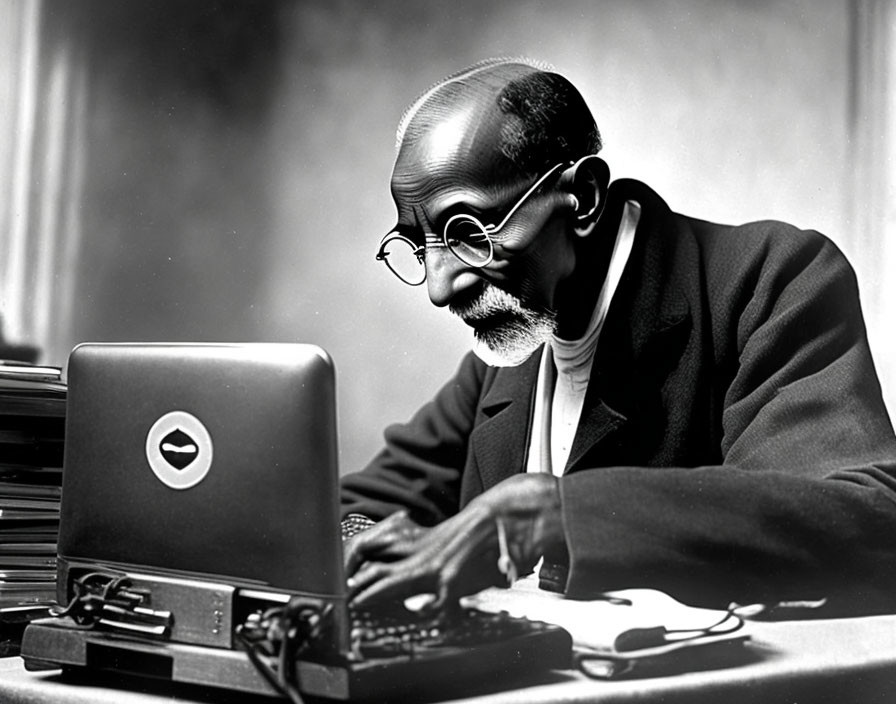 Historical figure seamlessly integrated with modern laptop in surreal photo edit