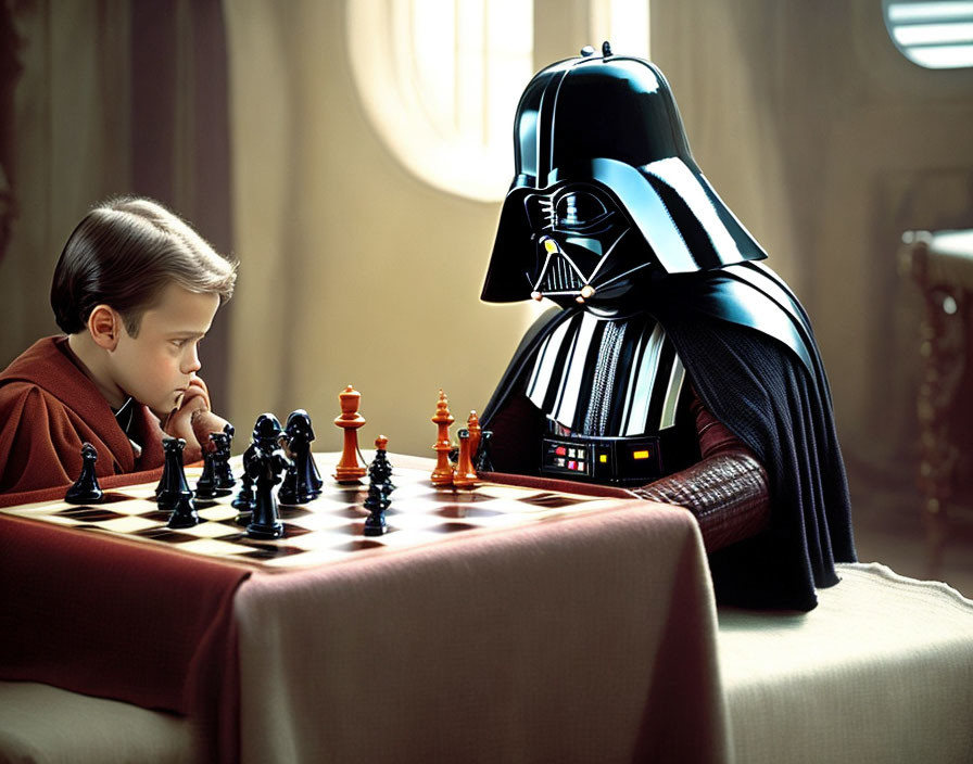 Young boy in brown robe playing chess against Darth Vader figure