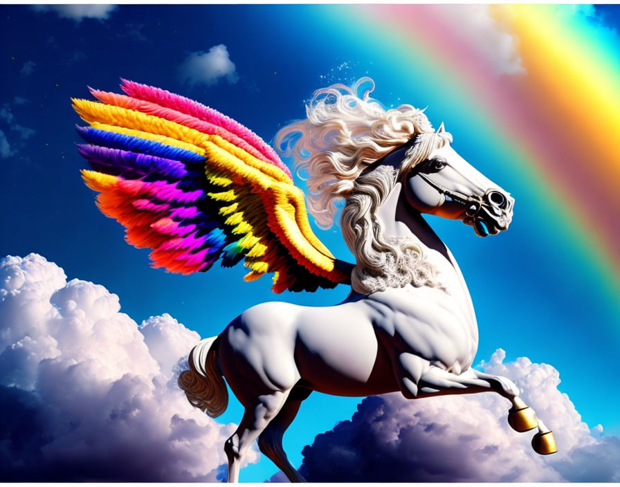 White Pegasus with Rainbow Wings Flying in Blue Sky