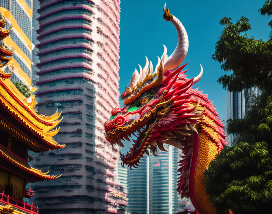 Colorful dragon sculpture with detailed design set against skyscrapers and blue sky, showcasing fusion of traditional