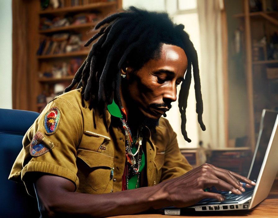 Man with dreadlocks working on laptop at desk with bookshelves in background wearing yellow shirt with patches