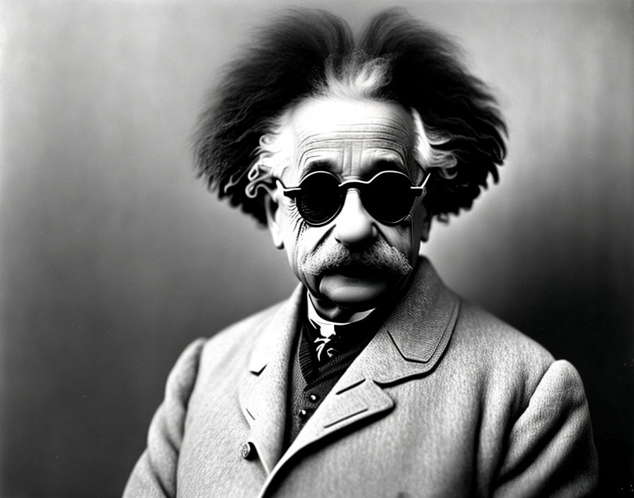 Monochrome photo of person with wild hair, round glasses, mustache, suit, and bow tie