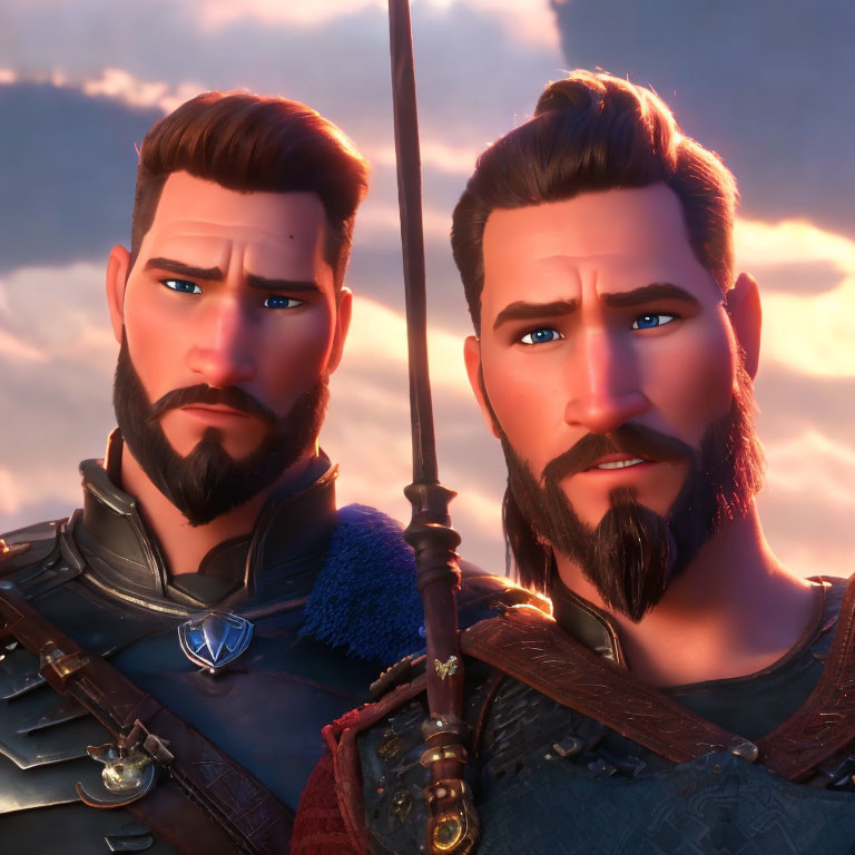 Two bearded male characters in armor with a sword, against a sunset sky
