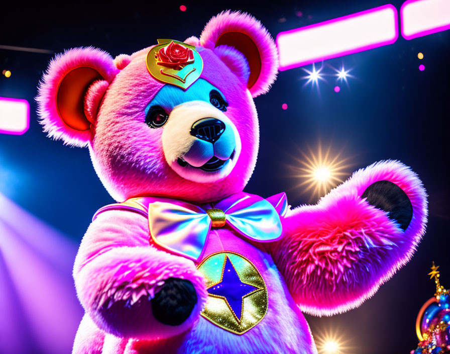 Colorful Pink Animated Bear with Blue Nose and Bow in Dazzling Lights