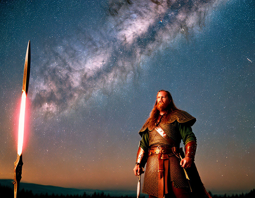 Fantasy character in Viking attire under starry sky with flaming spear.