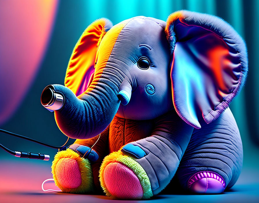 Colorful Plush Elephant Toy with Headphones under Neon Lights