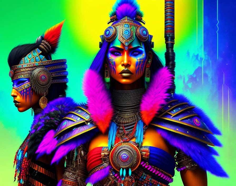 Colorful digital art of two stylized characters in futuristic tribal attire and elaborate headgear on neon background