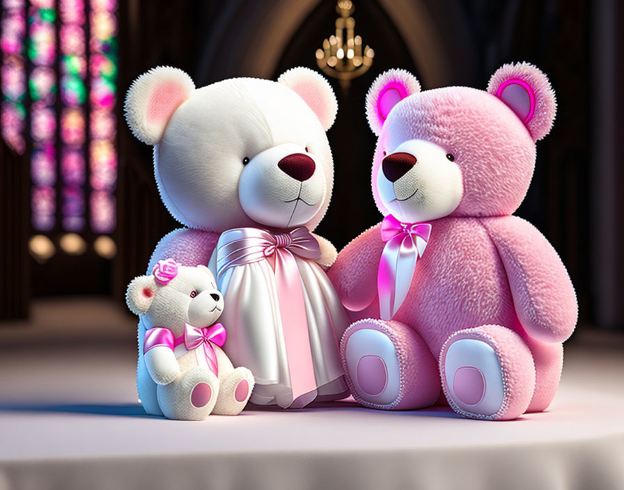 Three Teddy Bears with Bows in Church with Stained Glass