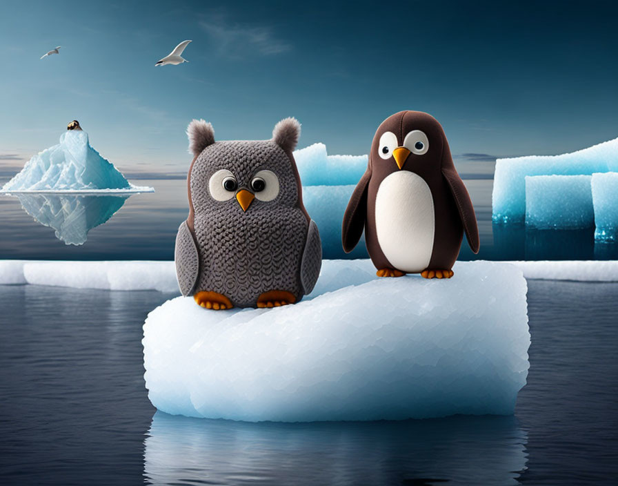 Animated owl and penguin on ice floe with icebergs and seagulls