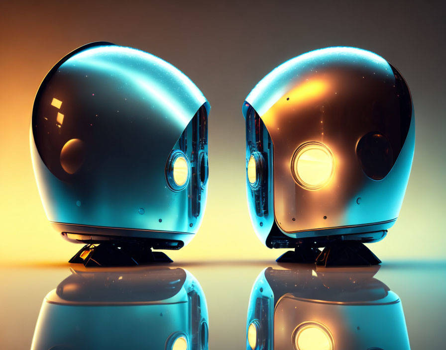 Reflective futuristic helmet-shaped speakers on glossy surface