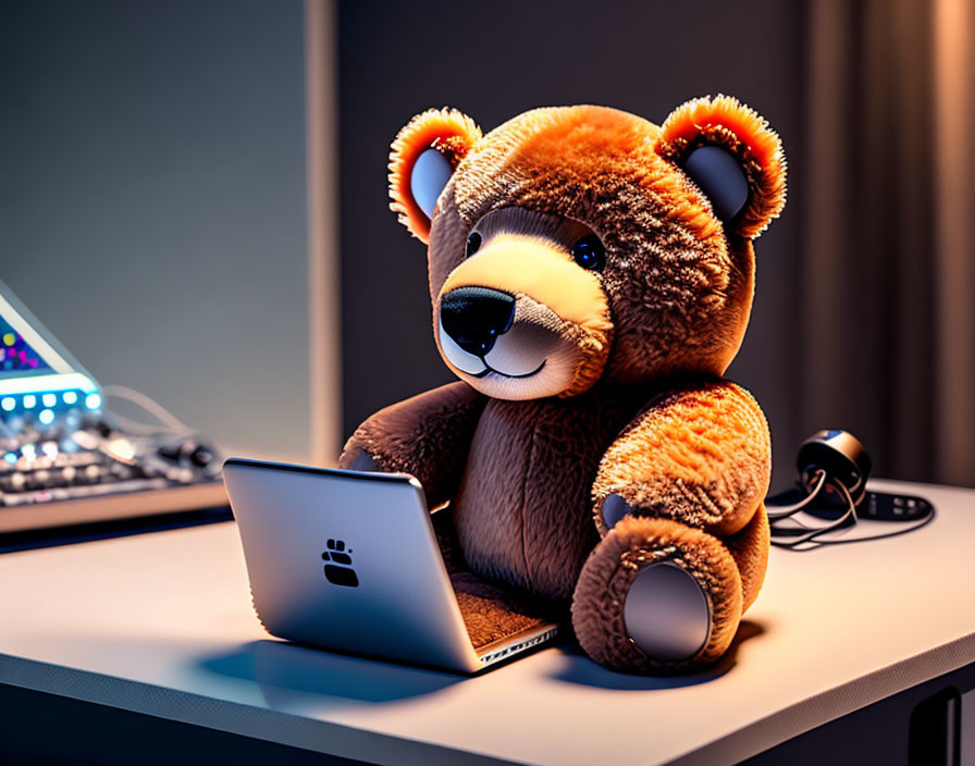 Plush teddy bear at desk with tablet and headphones in warm light
