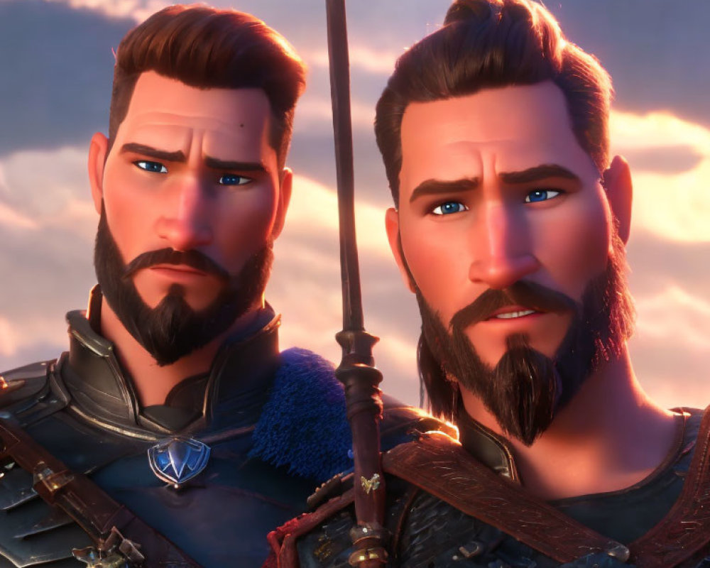 Two bearded male characters in armor with a sword, against a sunset sky