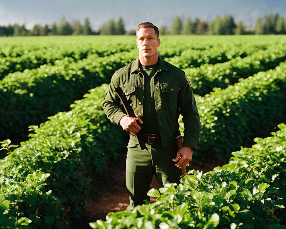 Military-style man in sunlit field with mountains & clear sky