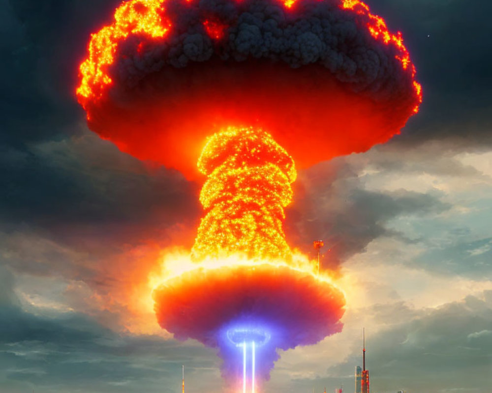 Apocalyptic mushroom cloud explosion over cityscape at sunset