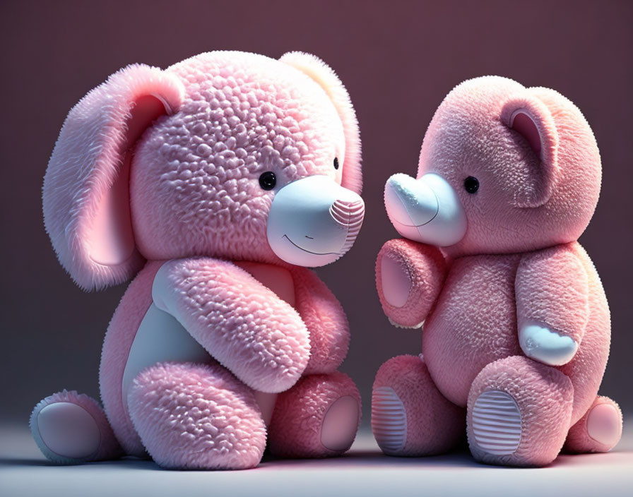 Pink plush teddy bears sitting closely in warm light