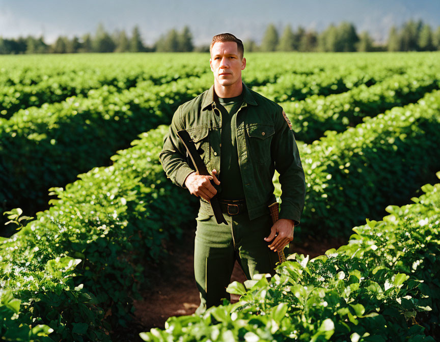 Military-style man in sunlit field with mountains & clear sky