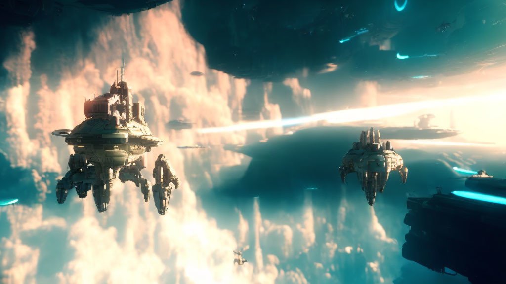 Futuristic spaceships in epic space battle above cloudy planet