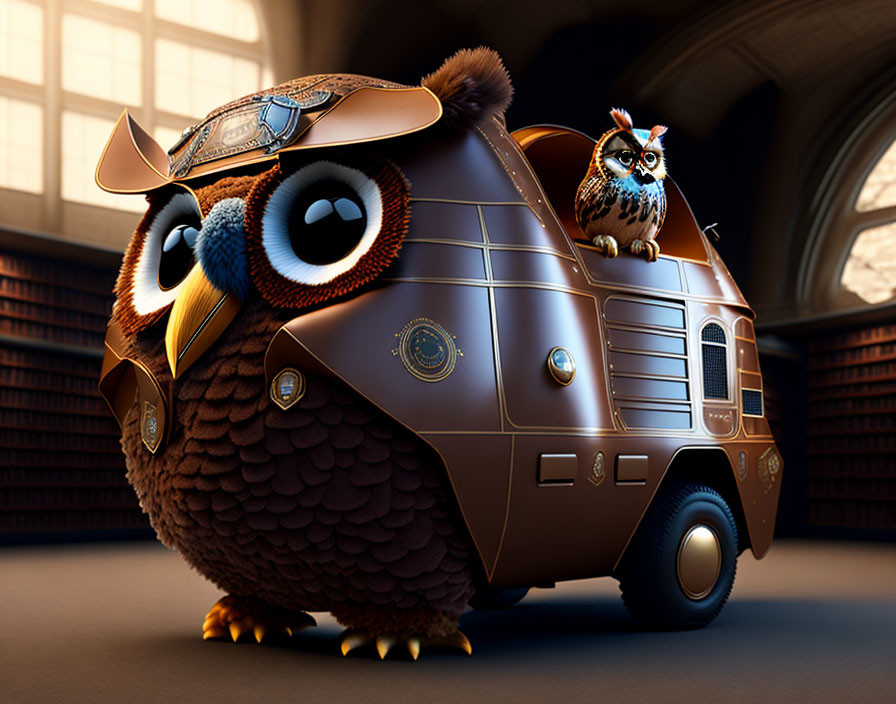 Whimsical steampunk-style owl bus with pilot owl on top