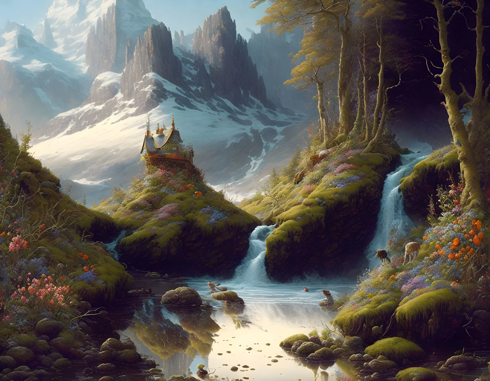 Tranquil landscape with castle, waterfalls, stream, trees, and mountains