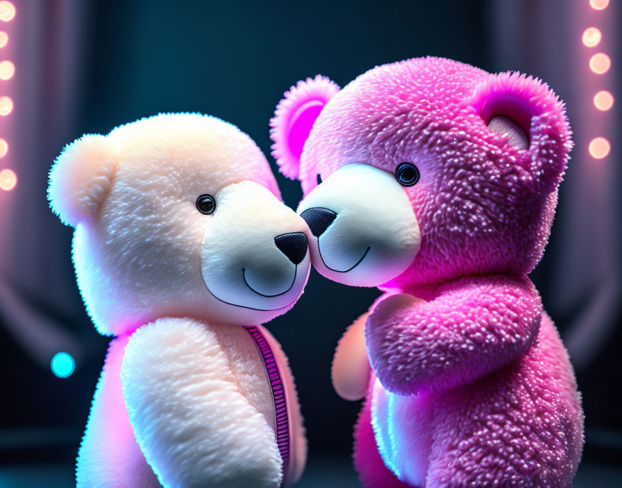 Plush white and pink teddy bears in heartwarming gaze under soft lighting
