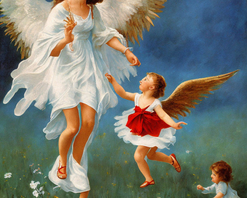 White angel leads winged children in flowery field under blue sky