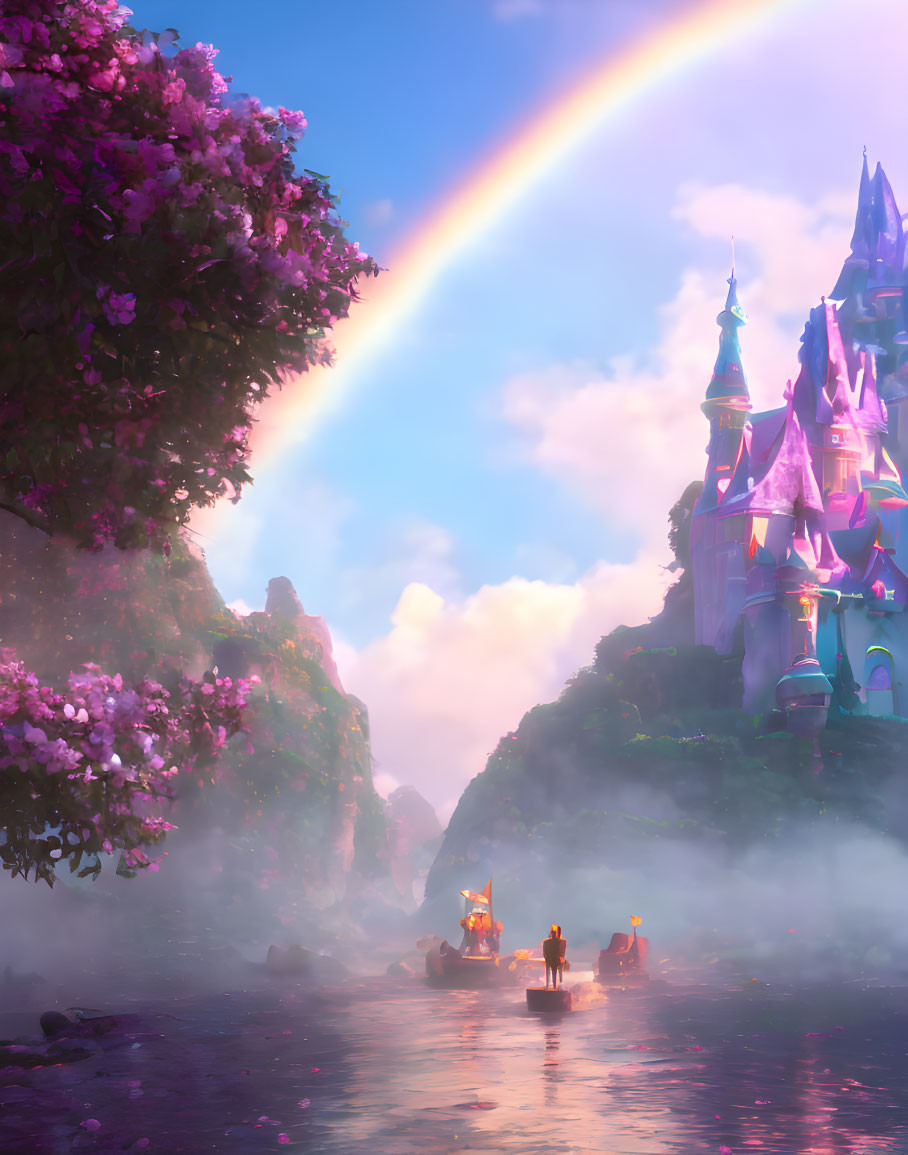 Mystical castle at sunset with rainbow, boats, and lush flora