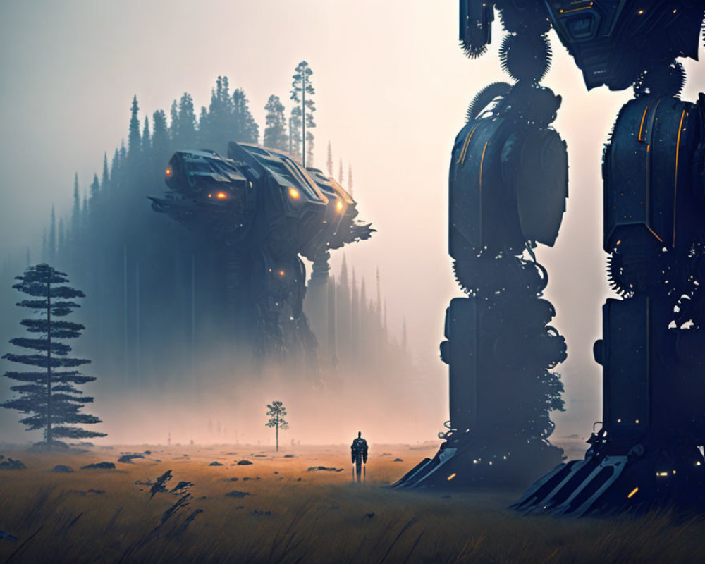 Person in misty field with futuristic robots and forest backdrop