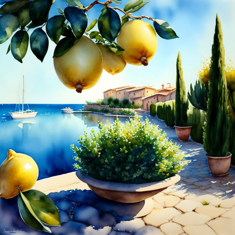 Colorful Watercolor Painting of Mediterranean Coastline with Lemons, Potted Plants, and Villas