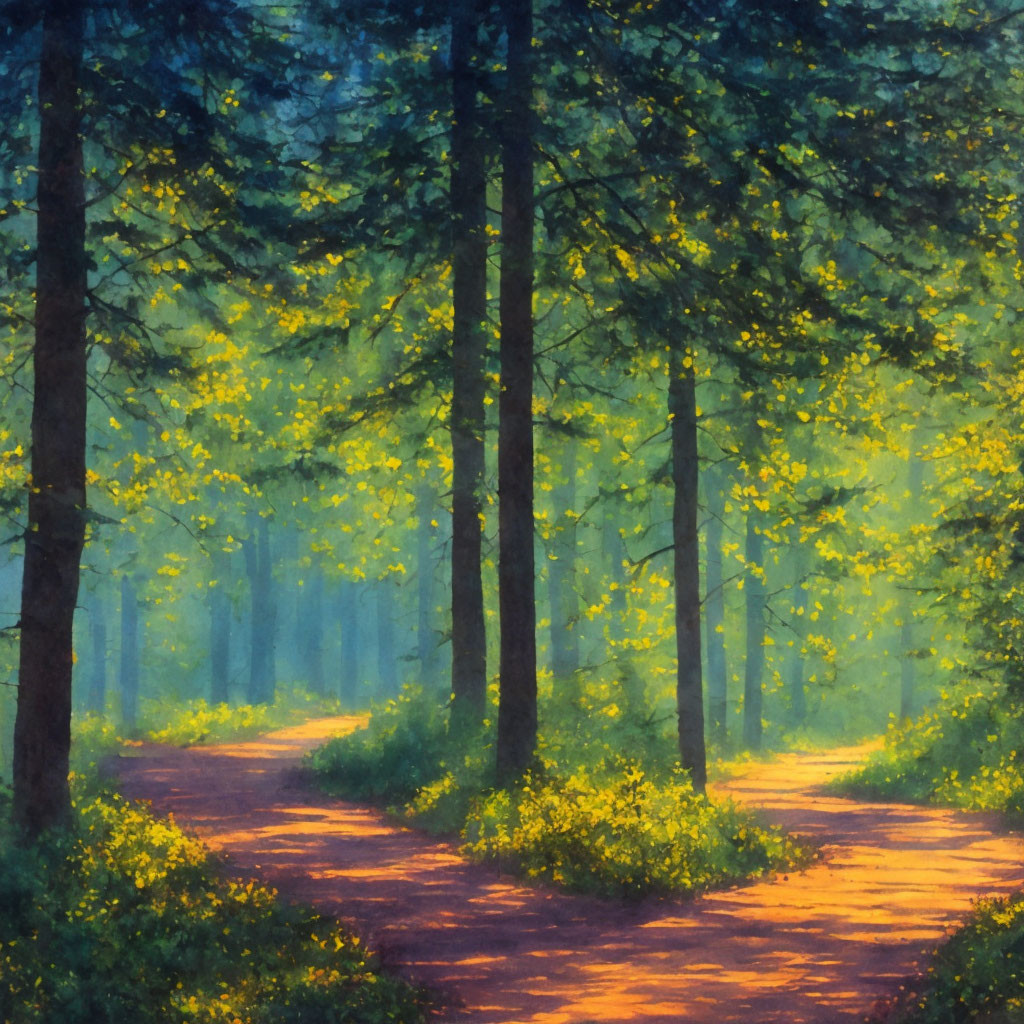 Tranquil Forest Path with Tall Pine Trees and Sunlight Glow