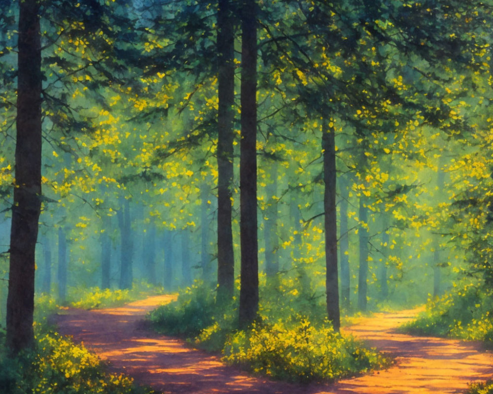 Tranquil Forest Path with Tall Pine Trees and Sunlight Glow