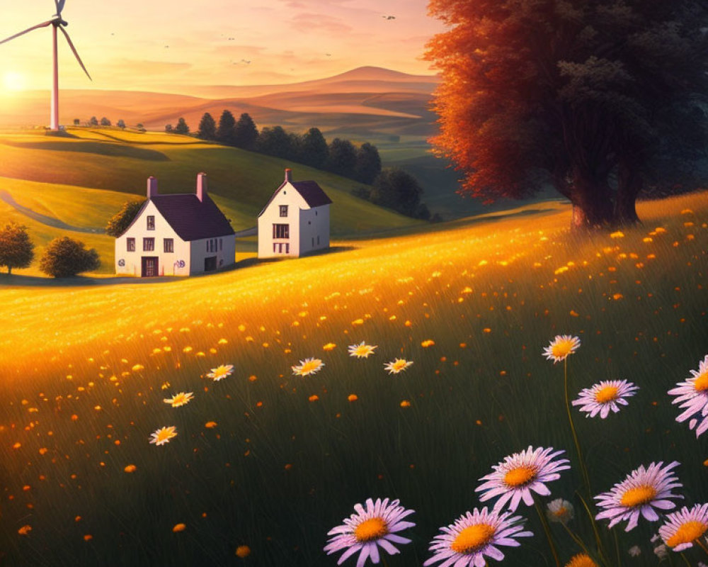 Rural landscape with houses, wind turbine, wildflowers, birds at sunset