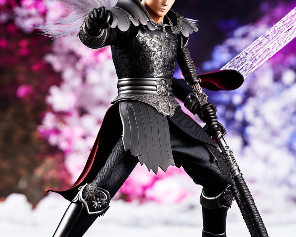 Warrior action figure in black armor with silver sword on floral background