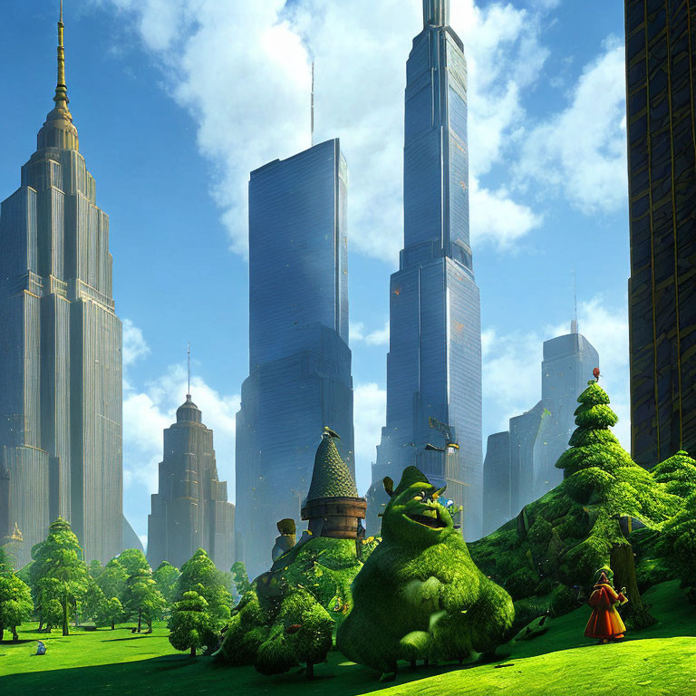 Fantastical cityscape with skyscrapers, greenery, and topiary creatures, featuring