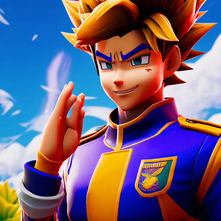 3D-animated character with spiky golden hair in blue and gold uniform smiling confidently