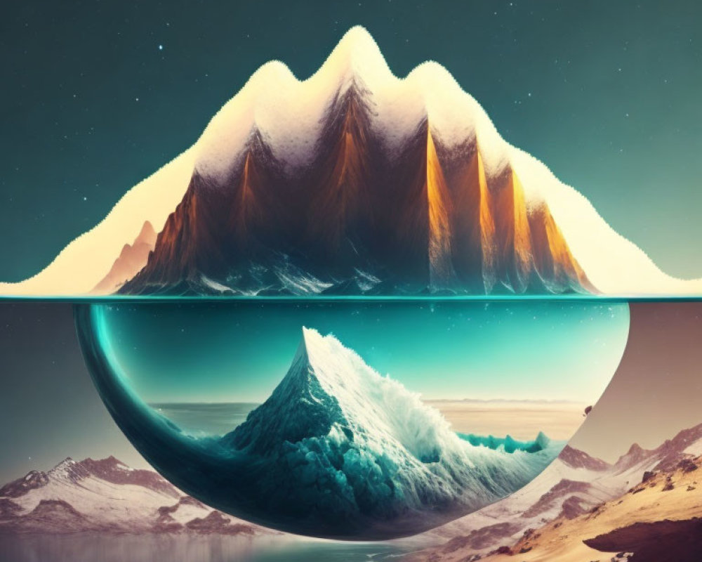 Mountain Reflection in Surreal Desert Landscape with Cosmic Elements