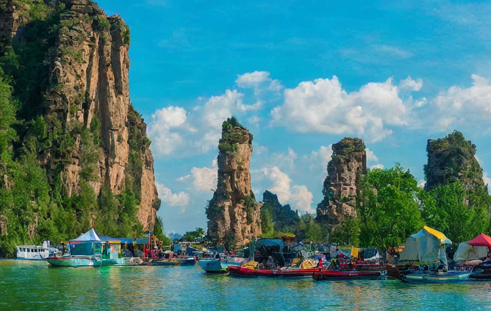 Scenic River Scene with Boats, Markets, and Karst Formations