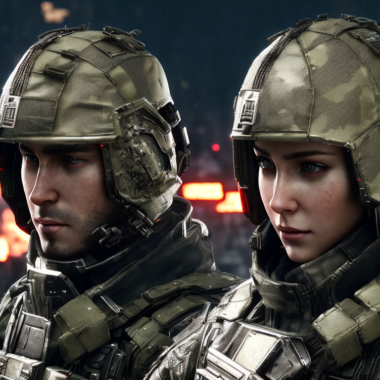 Man and woman in modern tactical gear and helmets on a mission.