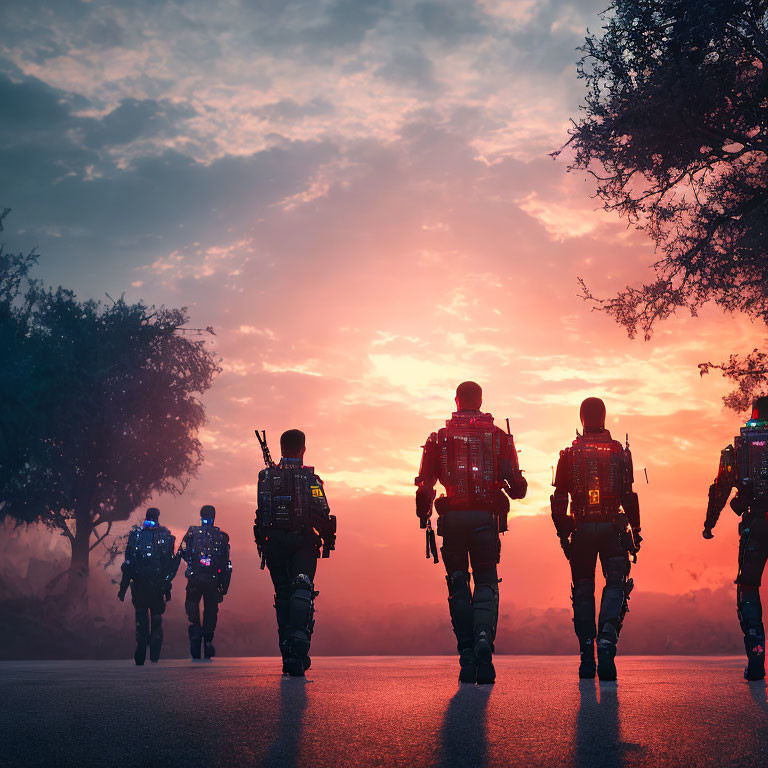 Soldiers walking on road at sunset with colorful sky and misty trees.