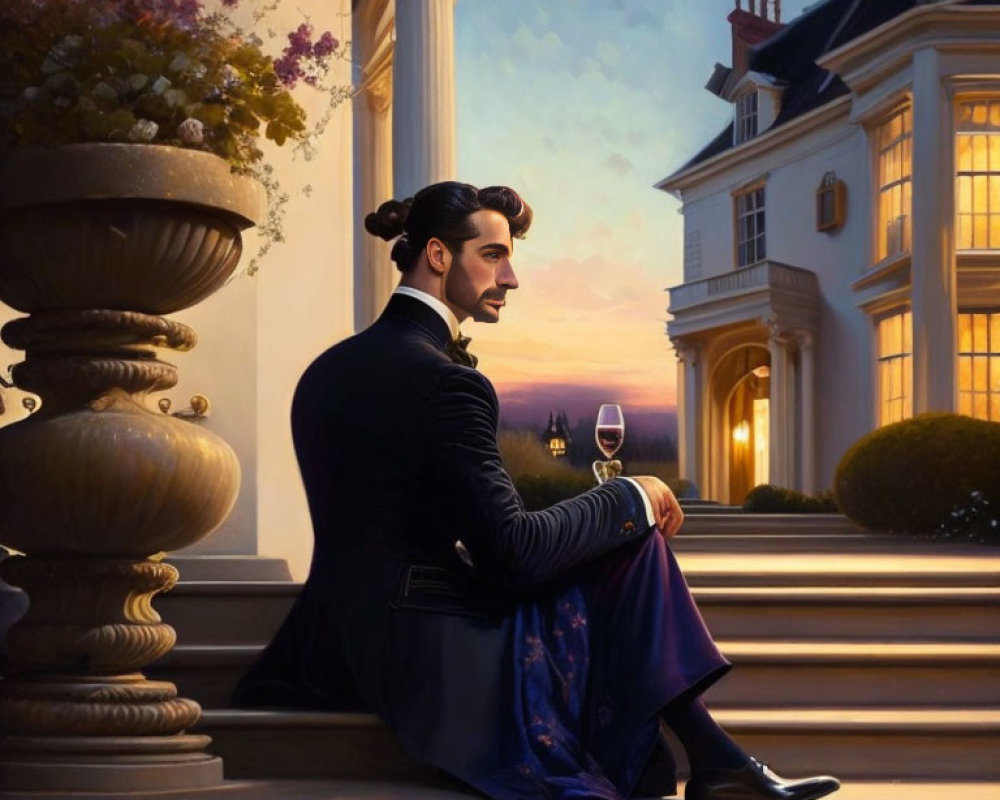 Man in formal suit sitting on mansion balcony at sunset