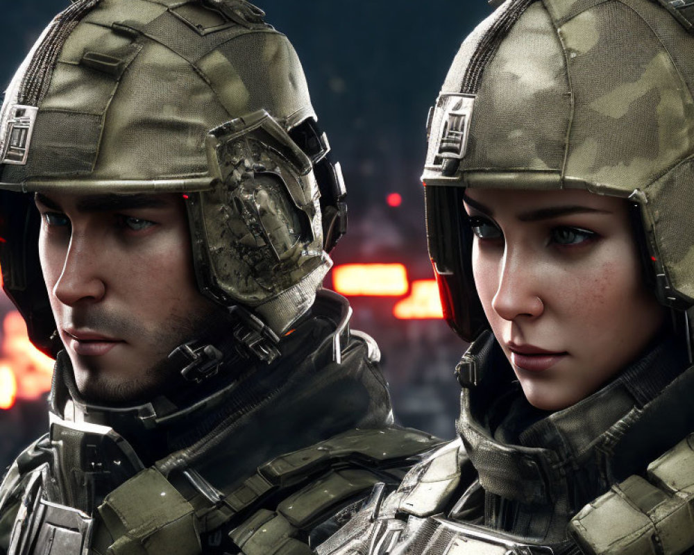 Man and woman in modern tactical gear and helmets on a mission.