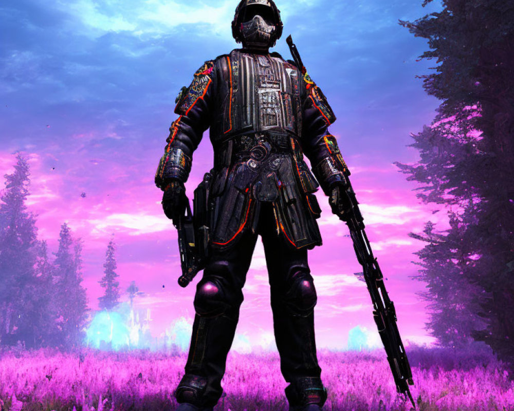 Futuristic soldier in black armor with rifle in purple field under pink skies