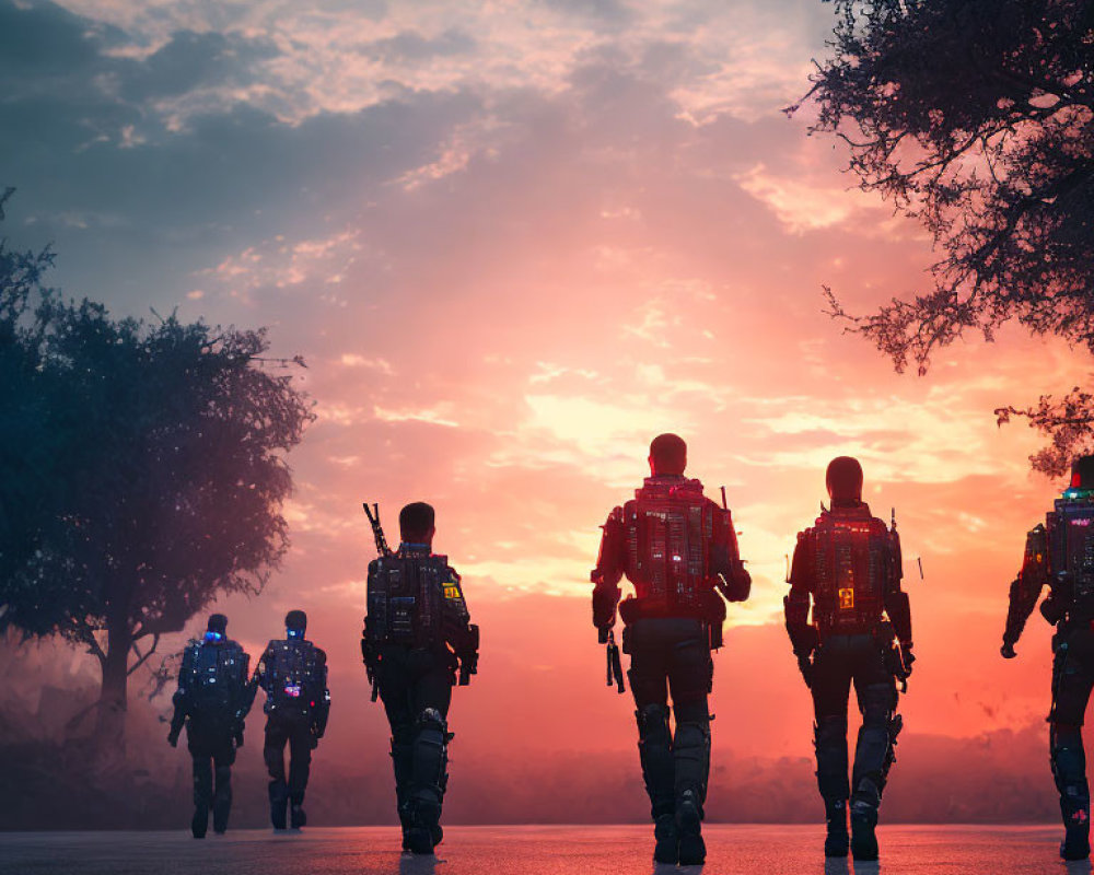 Soldiers walking on road at sunset with colorful sky and misty trees.