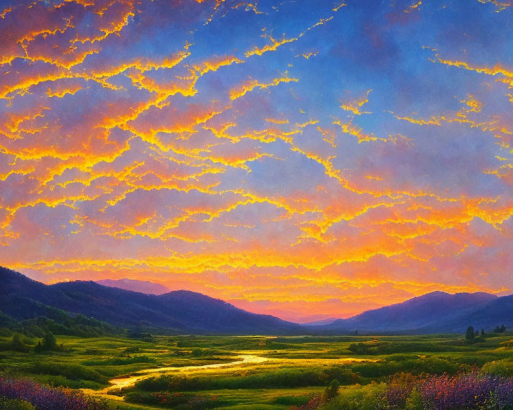 Fiery Sunset Sky over Serene Valley and River