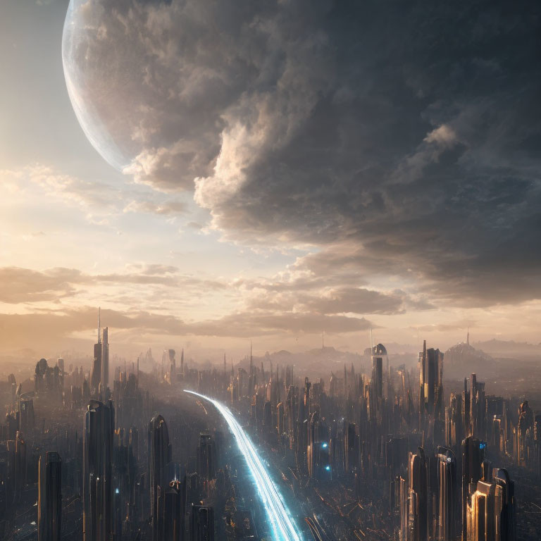 Futuristic cityscape at sunset with skyscrapers, moon, and glowing highway