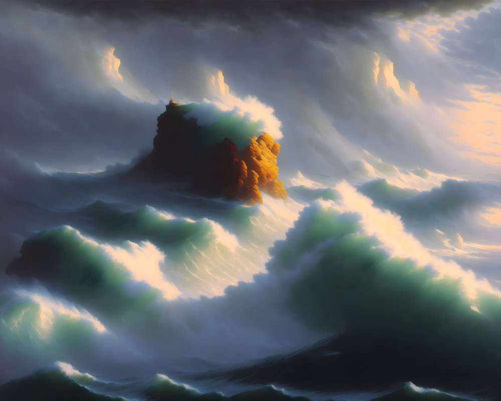 Dramatic solitary island in tumultuous sea waves under sunlight pierce clouds