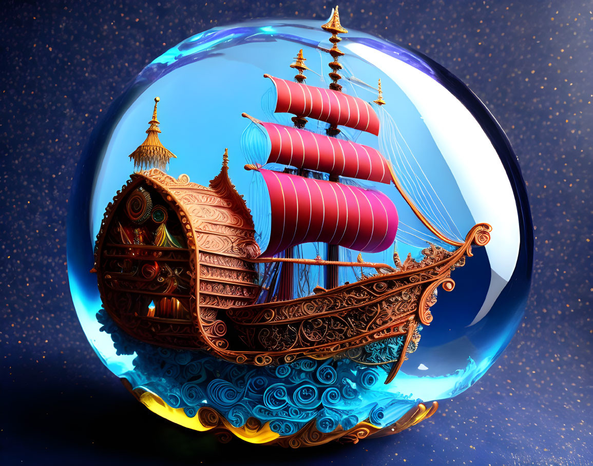 Ornate ship with red sails in transparent bubble on starry night sky