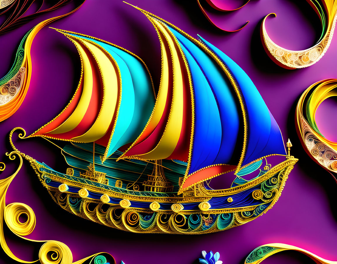Colorful ship with golden filigree on purple background