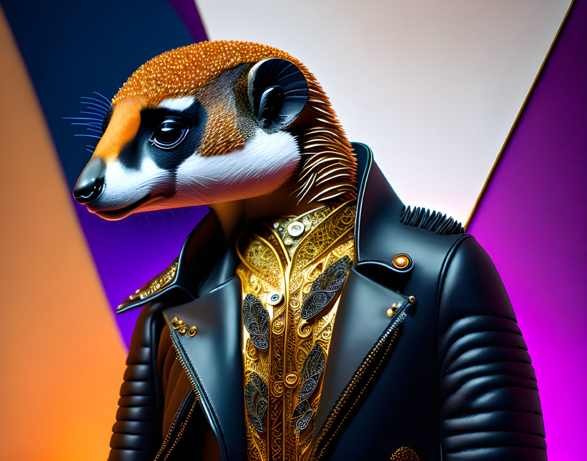 Stylized illustration of badger with human-like features in ornate attire against split background
