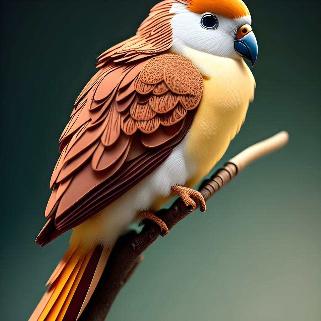Detailed digital illustration of a vibrant bird with orange and brown plumage on a branch
