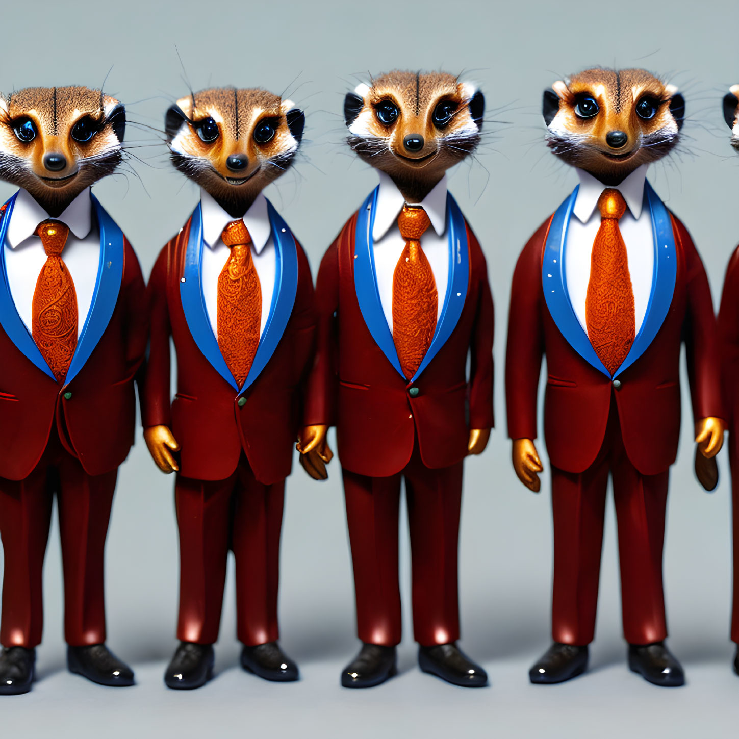 Five identical meerkat figures in red suits and ties on gray background